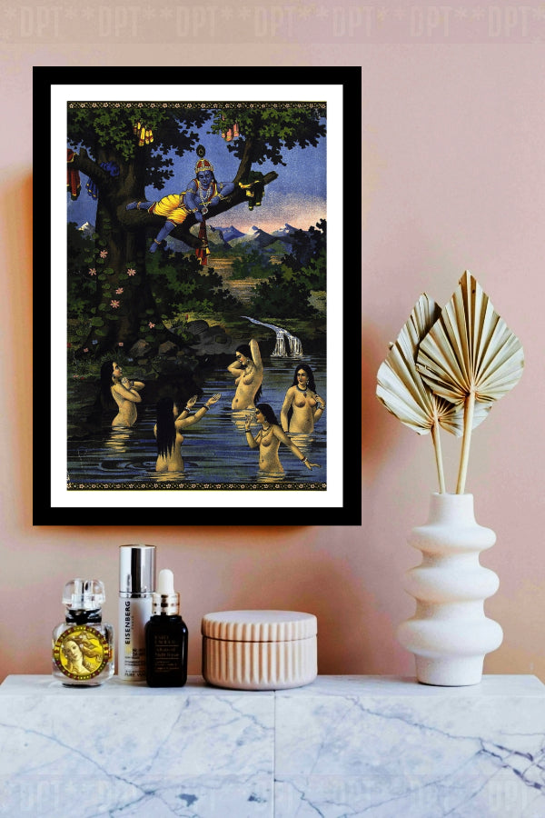 Krishna Stealing The Cowgirls Clothes And Watching Them Bathe In The River Below | Ravi Udaya | Vintage Indian Folk Art Print | Wall Frame