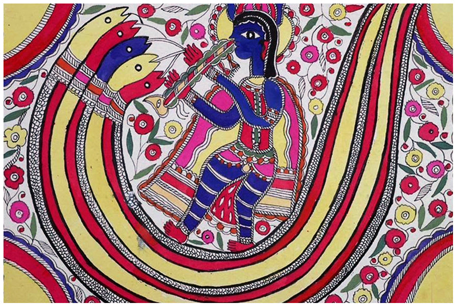 Krisnha Playing His Flute | Vintage Indian Folk Art Print | Wall Frame