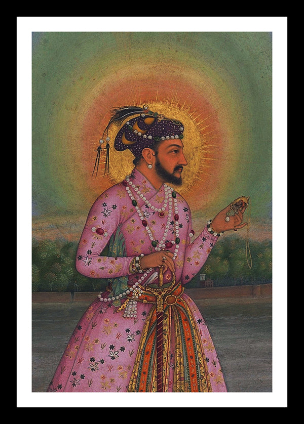 Shah Jahan on a Terrace Holding a Pendant Set With His Portrait | Mughal Art (1628) | Vintage Indian Folk Art Print | Wall Frame