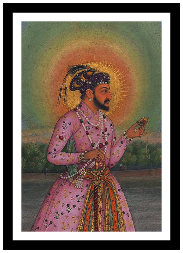 Shah Jahan on a Terrace Holding a Pendant Set With His Portrait | Mughal Art (1628) | Vintage Indian Folk Art Print | Wall Frame