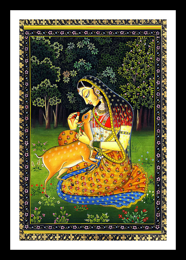 Princess And A Deer | Rajasthani Rajput Painting | Vintage Indian Folk Art Print | Wall Frame