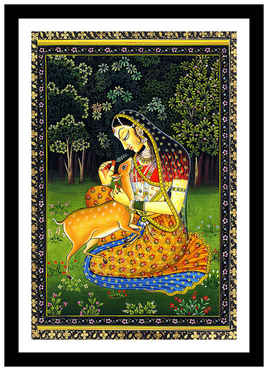 Princess And A Deer | Rajasthani Rajput Painting | Vintage Indian Folk Art Print | Wall Frame