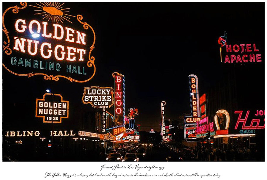 Fremont Street in Las Vegas at night in 1955 | Vintage Iconic Photograph | Wall Frame