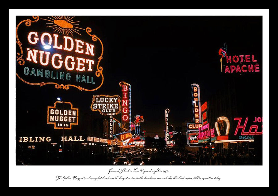 Fremont Street in Las Vegas at night in 1955 | Vintage Iconic Photograph | Wall Frame