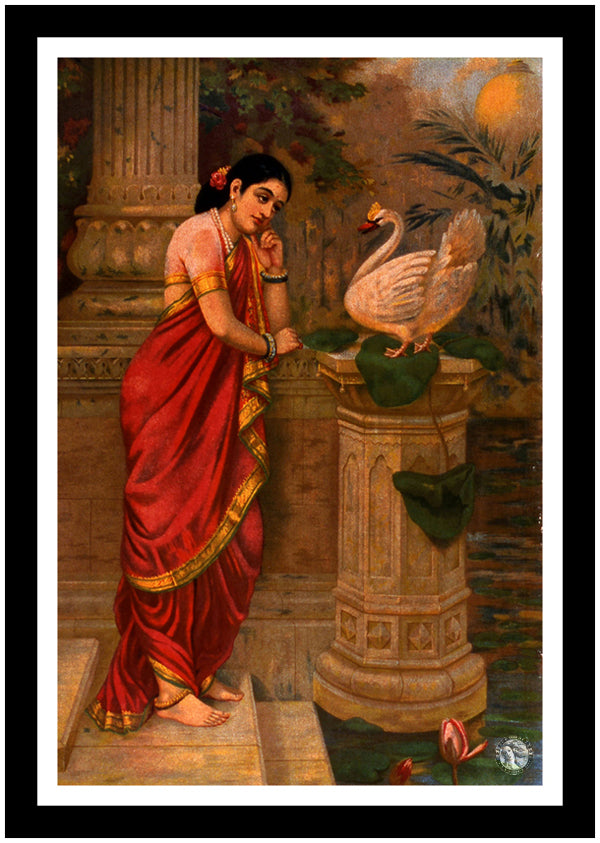 Hansa and Damayanti (Swan & Damayanti) (1899) | Raja Ravi Varma | Vintage Indian Folk Art Print | Wall Frame