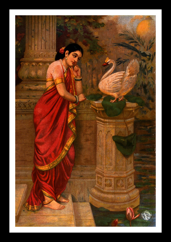 Hansa and Damayanti (Swan & Damayanti) (1899) | Raja Ravi Varma | Vintage Indian Folk Art Print | Wall Frame