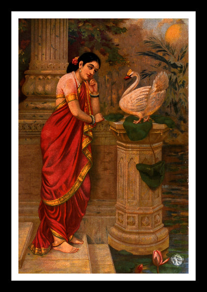 Hansa and Damayanti (Swan & Damayanti) (1899) | Raja Ravi Varma | Vintage Indian Folk Art Print | Wall Frame