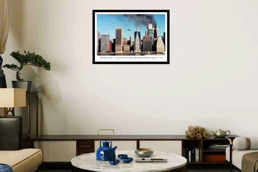 United Airlines Flight 175 approaches the south tower of New York’s WTC 2001 | Vintage Iconic Photograph | Wall Frame