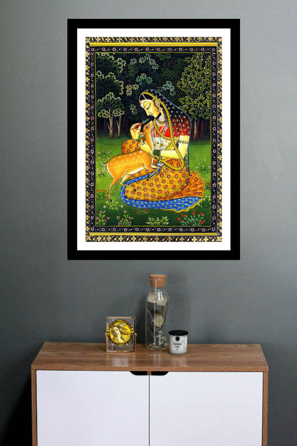 Princess And A Deer | Rajasthani Rajput Painting | Vintage Indian Folk Art Print | Wall Frame