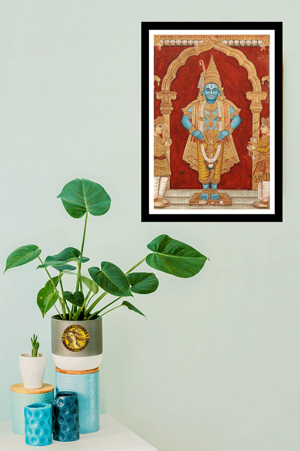 Vishnu Standing In An Alcove | Vintage Indian Folk Art Print | Wall Frame