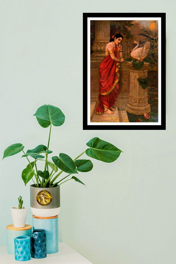Hansa and Damayanti (Swan & Damayanti) (1899) | Raja Ravi Varma | Vintage Indian Folk Art Print | Wall Frame