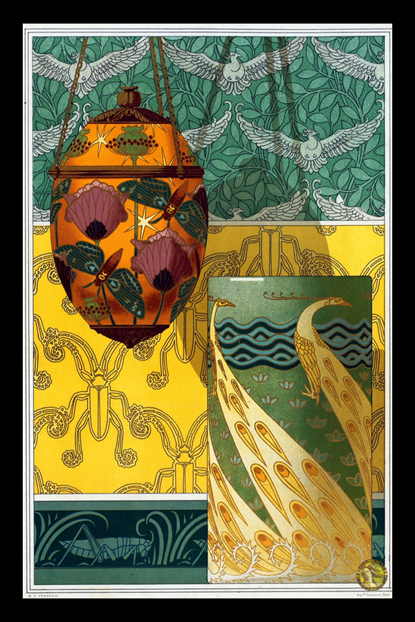 Butterflies and Poppies, translucent enamel night light. Peacocks, cloisonné enamel vase. (1897)  | Maurice Pillard Verneuil | Abstract Geometric Art Print | Wall Frame