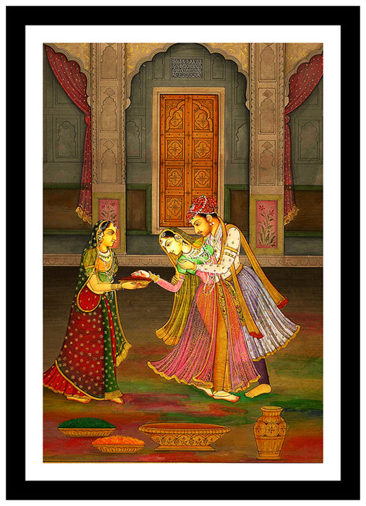 Prince Enjoying Holi with His Sweetheart | Rajasthani Rajput Painting| Vintage Indian Folk Art Print | Wall Frame