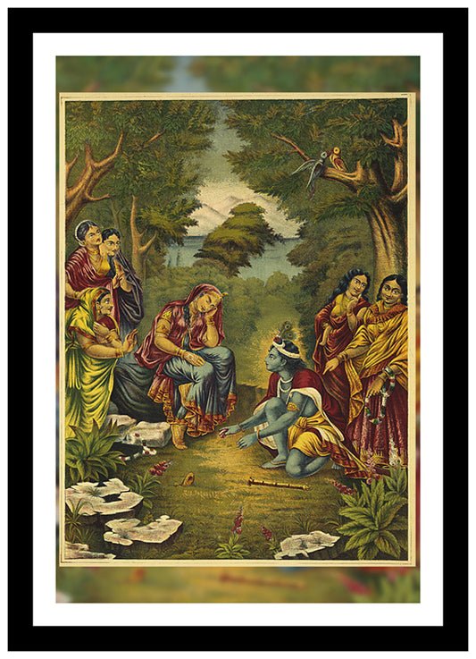 Radha Being Cajoled By The Playful Krishna | Vintage Indian Folk Art Print | Wall Frame