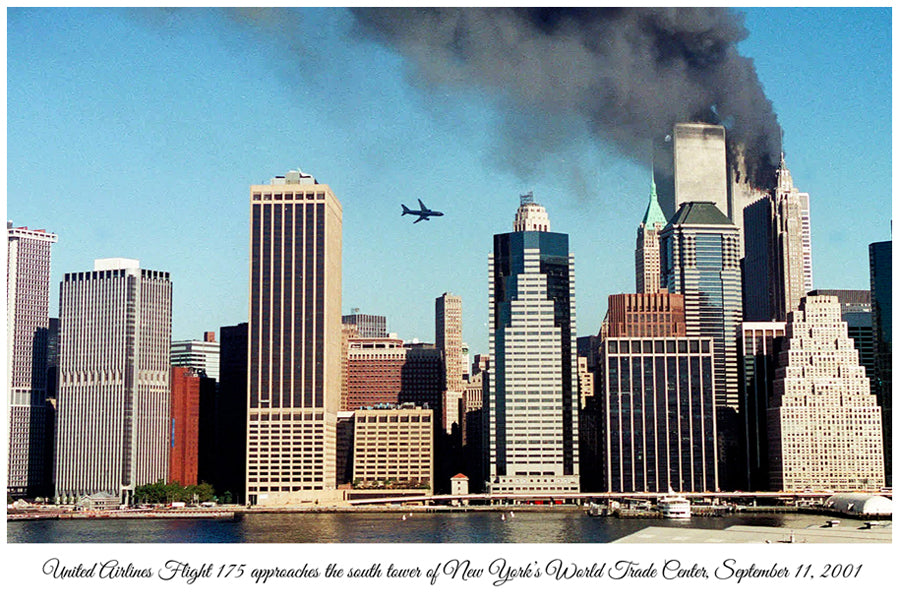 United Airlines Flight 175 approaches the south tower of New York’s WTC 2001 | Vintage Iconic Photograph | Wall Frame