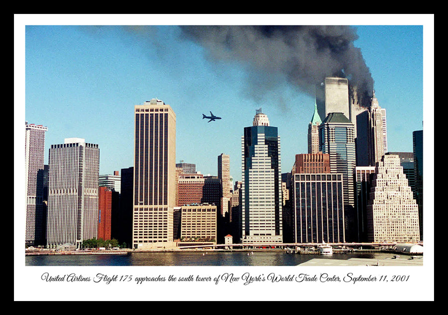 United Airlines Flight 175 approaches the south tower of New York’s WTC 2001 | Vintage Iconic Photograph | Wall Frame