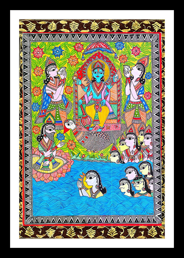 Vishnu in Anant Sagar With Brahma On His Right | Madhubani Art | Vintage Indian Folk Art Print | Wall Frame