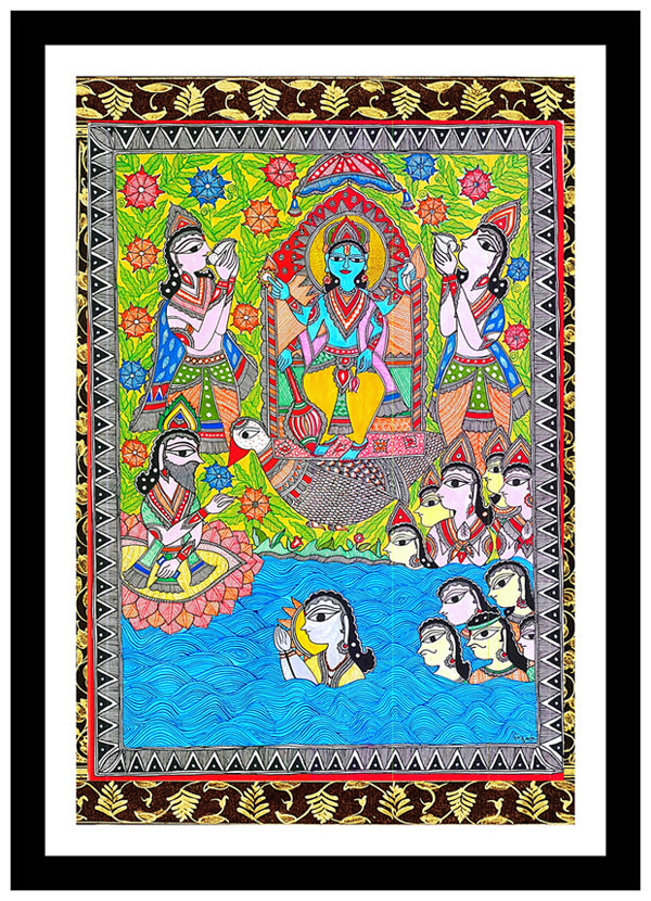 Vishnu in Anant Sagar With Brahma On His Right | Madhubani Art | Vintage Indian Folk Art Print | Wall Frame